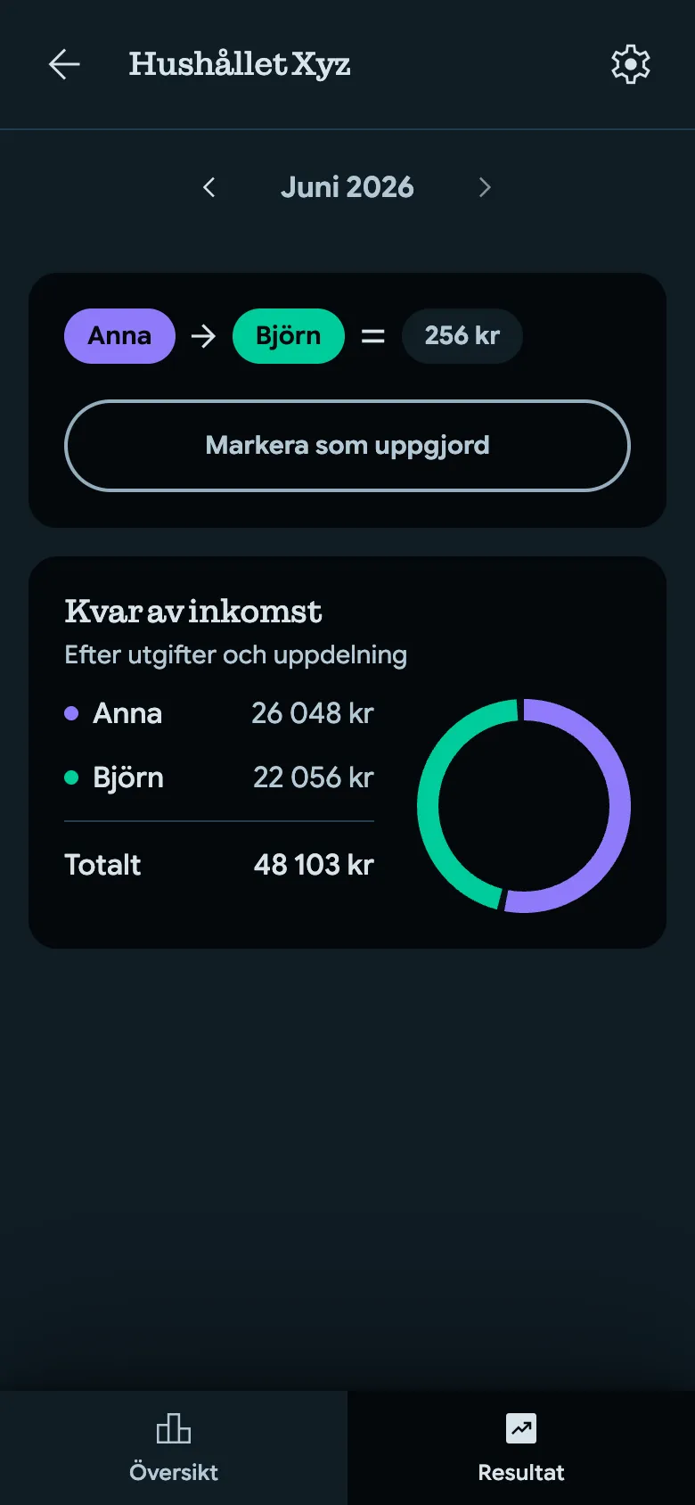 Skärmbild från appen: månadens saldo och exakt belopp att föra över