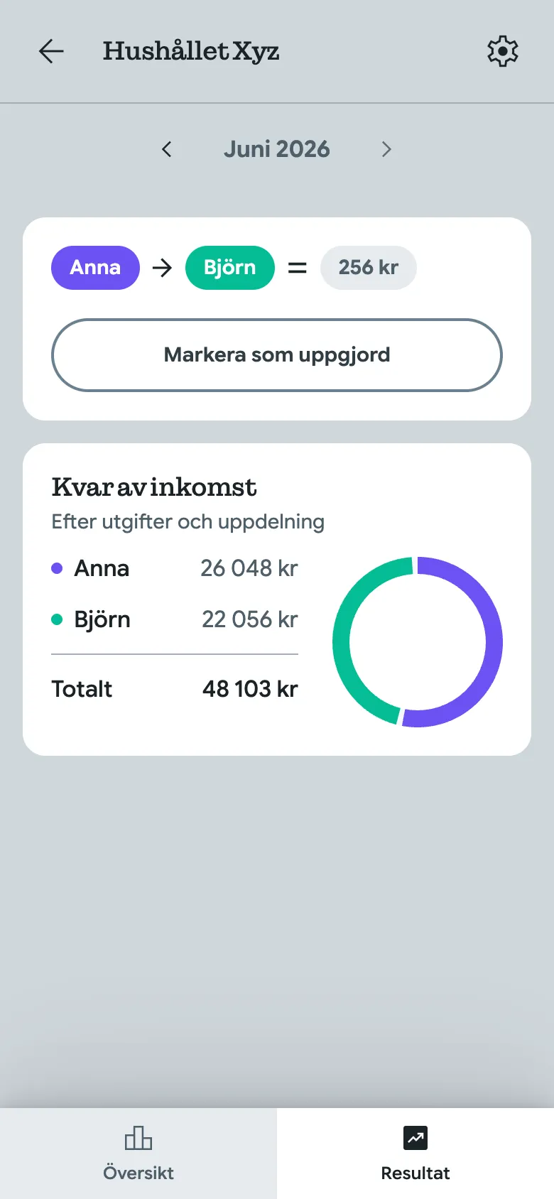 Skärmbild från appen: månadens saldo och exakt belopp att föra över